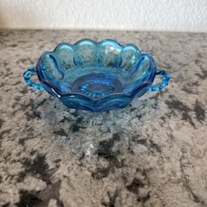 Vintage UV Reactive Double Handle Blue Glass Candy Dish
